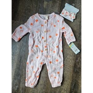 Cat & Jack 1 piece pink pumpkin outfit and pumpkin headband 3/6 month NWT